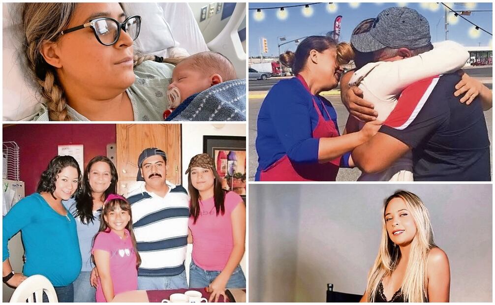 Nazareth Rivera de niña, con su familia (arriba); como madre (abajo), emprendedora (centro) y al ser liberada del centro de detención de migrantes. Foto: Especial (31/12/2024)
