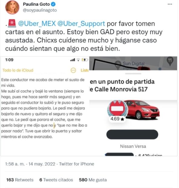Actriz Paulina Goto acusa que se sintió amenazada en un Uber