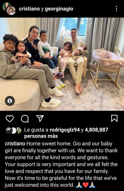 Cristiano Ronaldo compartió que Georgina Rodríguez y su bebé ya están en casa