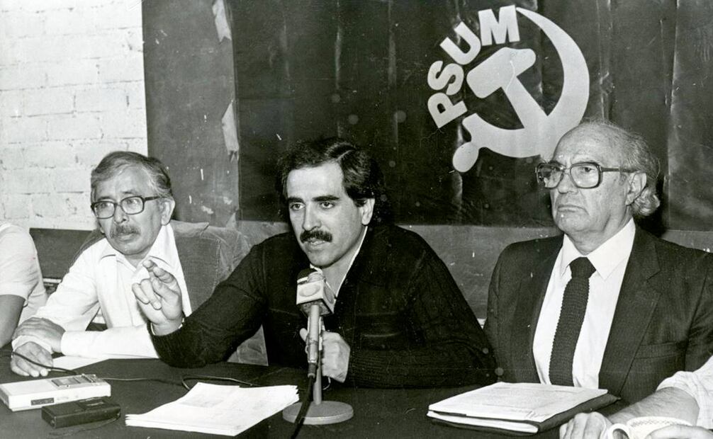 Conferencia del Partido Socialista Unificado Méxicano. Eduardo Montes, Pablo Gómez y Carlos Sánchez. 1982. Foto: Archivo / EL UNIVERSAL