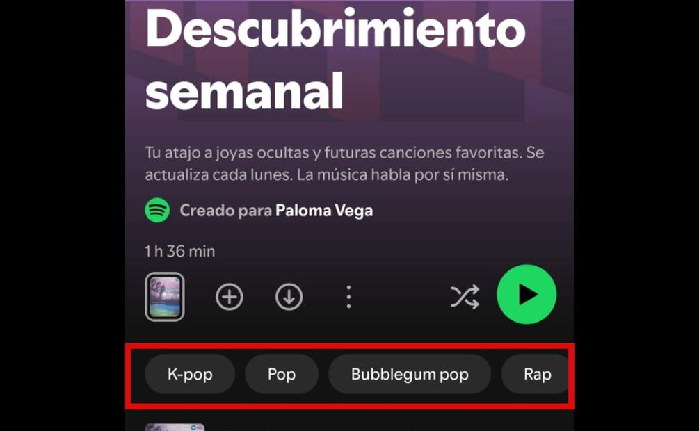 Spotify dejará personalizar el género de "Descubrimiento semanal". Imagen: captura de pantalla