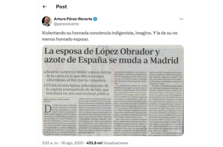 El periodista y escritor español, Arturo Pérez-Reverte reaccionó a la noticia de que la esposa del expresidente López Obrador vivirá en España. Foto: Especial