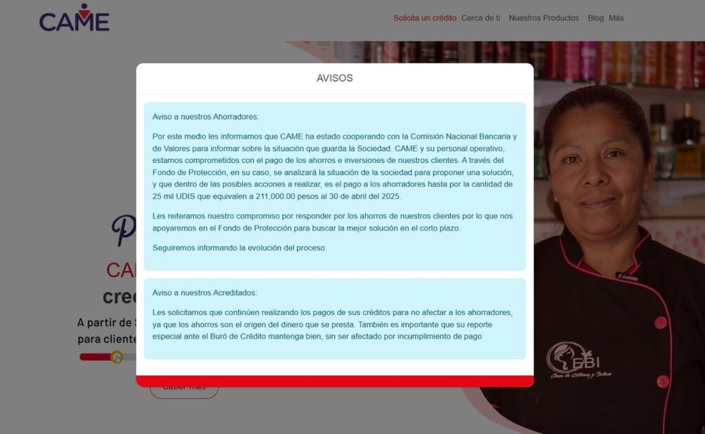 Captura de pantalla de la página web de CAME. Foto: captura de pantalla