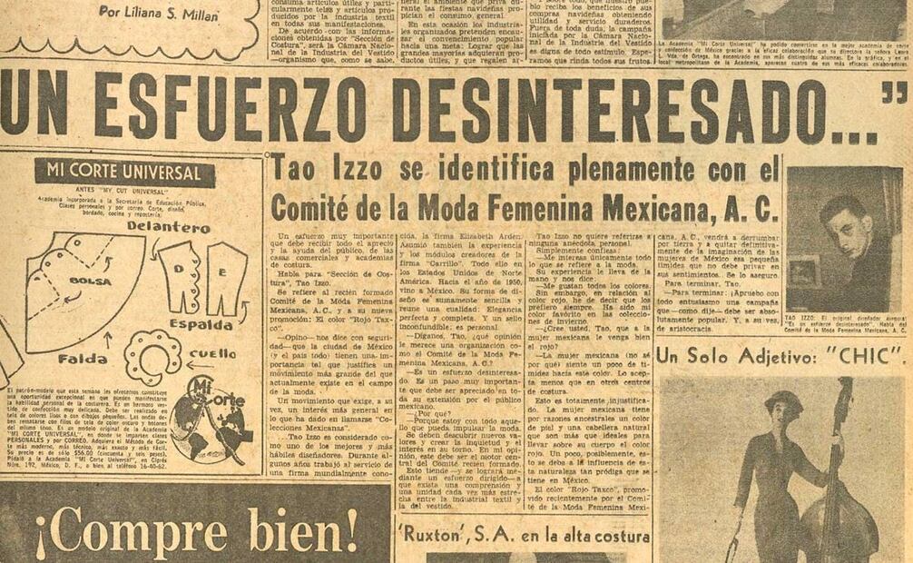 En la que podría ser su única entrevista a este diario, Izzo pidió no hablar de anécdotas personales (más allá de confesar que sus colores favoritos eran los rojos), pero sí declaró que sería positivo lograr comprensión entre la industria textil y la del vestido. 1957. Hemeroteca EL UNIVERSAL.