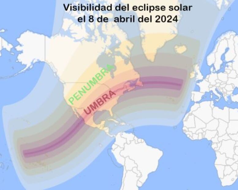 Asi será la penumbra y la umbra del eclipse de Sol de 2024. Fuente: UNAM