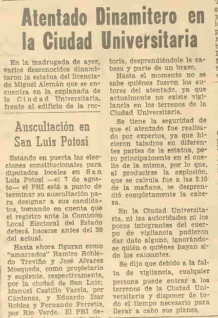 El testimonio de cómo dinamitaron la estatua de Miguel Alemán en CU