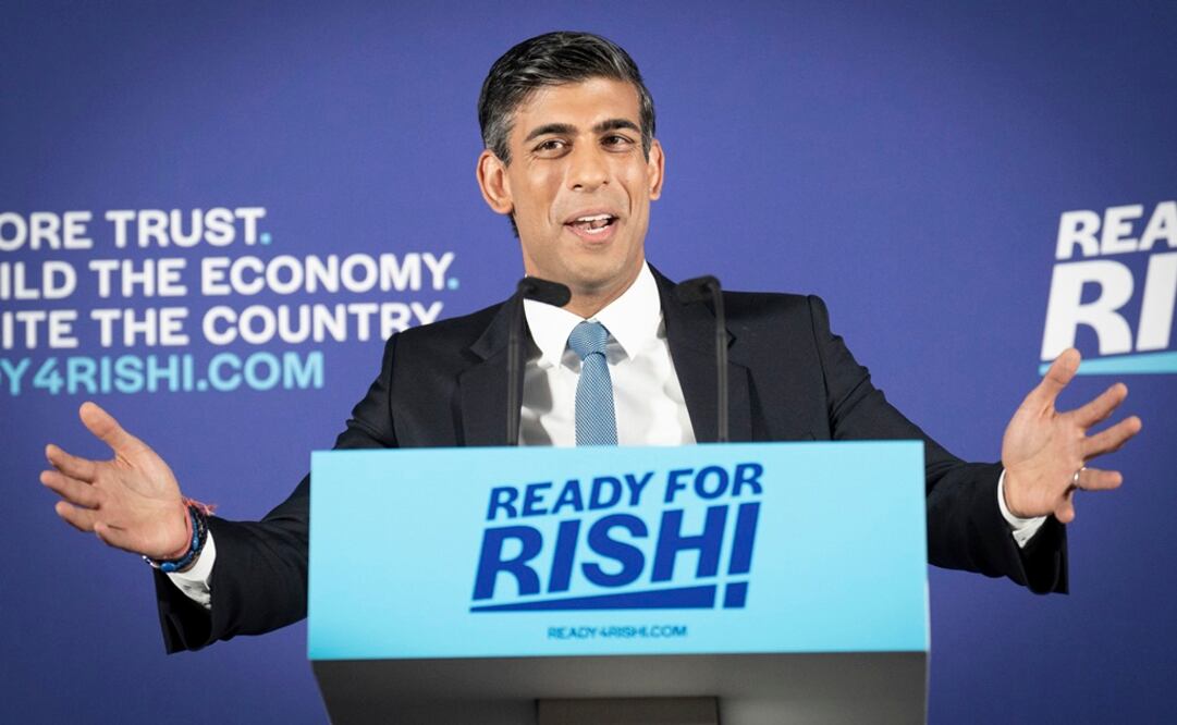 Jefe del Tesoro británico, Rishi Sunak, habla en el lanzamiento de su campaña para ser líder del Partido Conservador y Primer Ministro. Foto: AP 