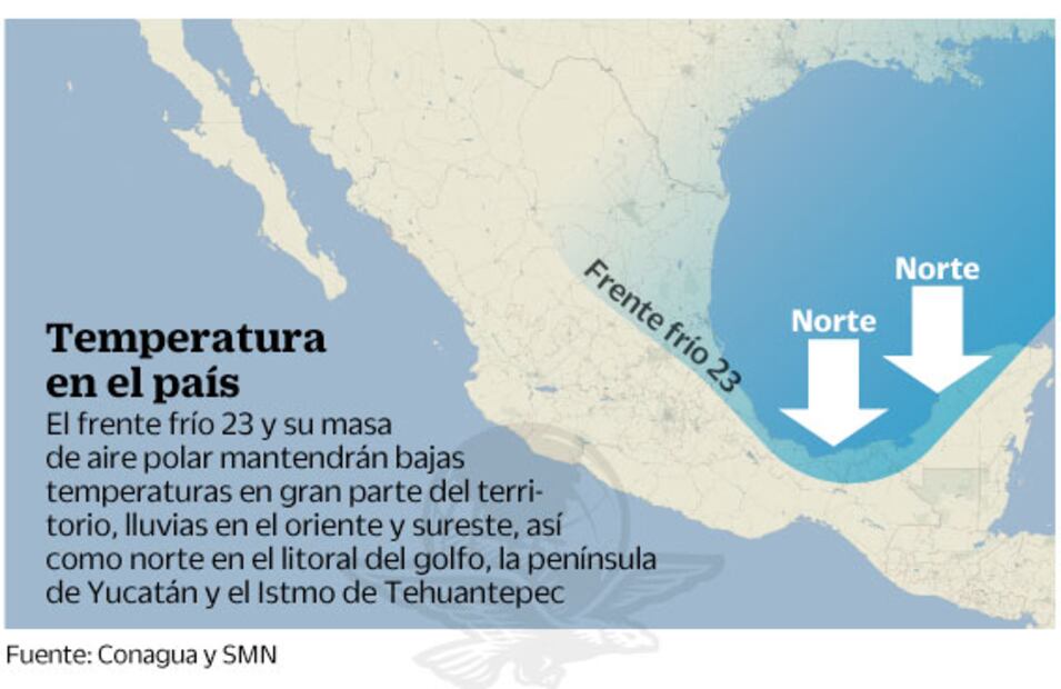 Frente frío ocasionará lluvias en los estados del sureste