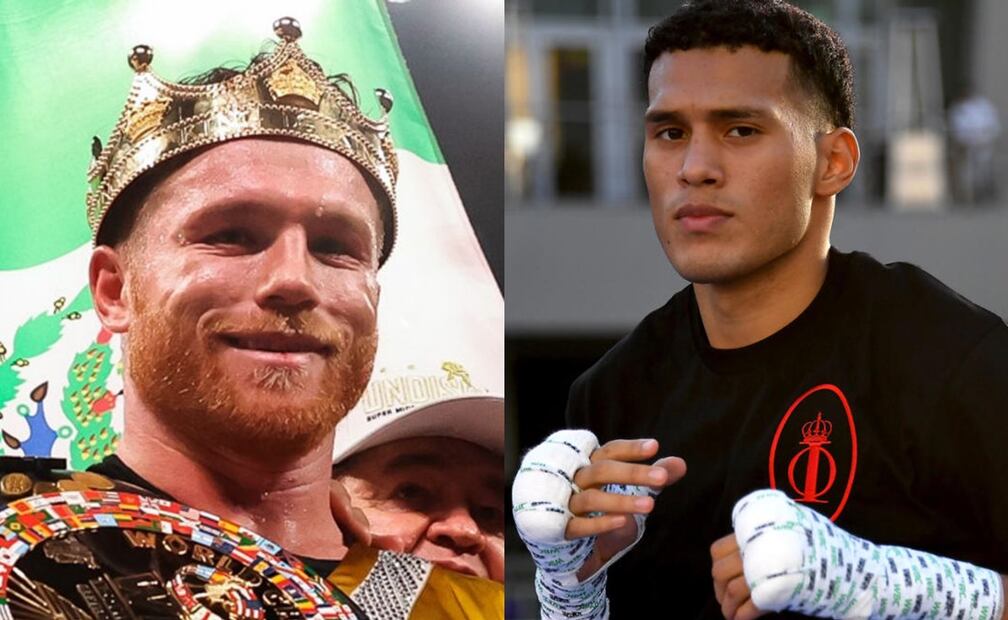 Saúl 'Canelo' Álvarez luego de ganar un combate y David Benavidez entrenando / FOTO: AFP e Instagram @benavidez300