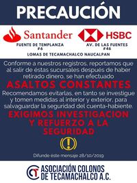 Colonos de Tecamachalco alertan de asaltos en bancos 