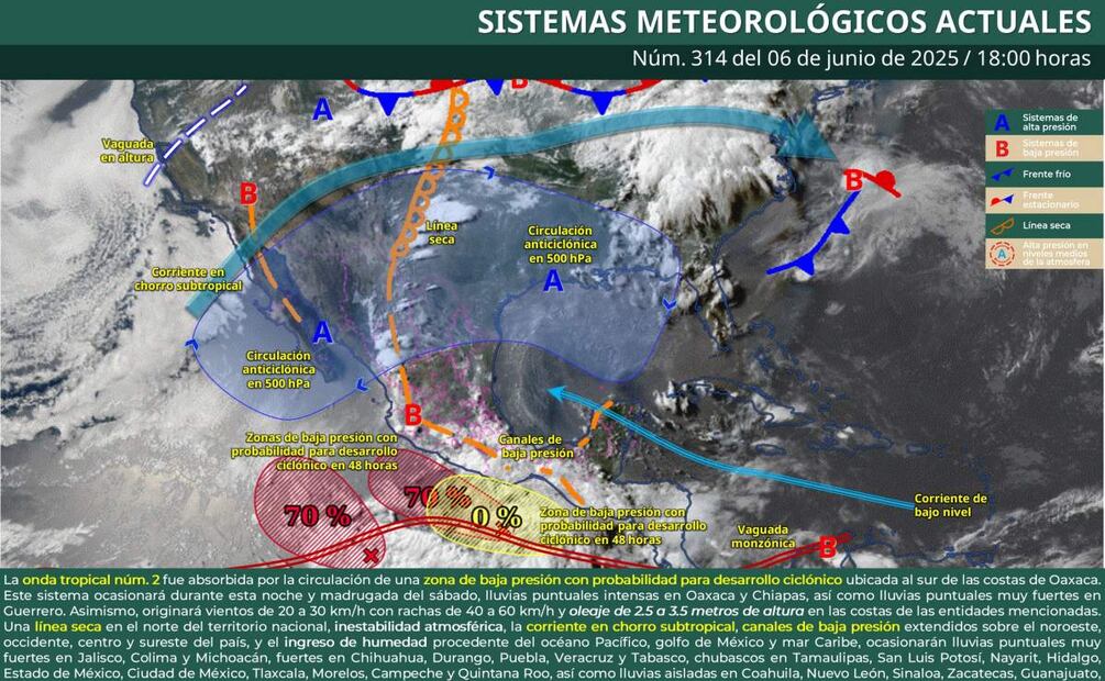 Sistemas meteorológicos actuales en México reportados por la Conagua (06/06/2025). Foto: Conagua