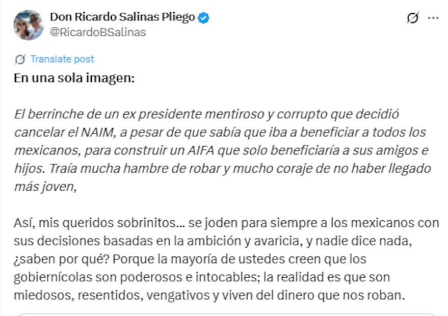 Salinas Pliego muestra su inconformidad ante la decisión de cancelar proyecto NAIM. Foto: Captura de pantalla