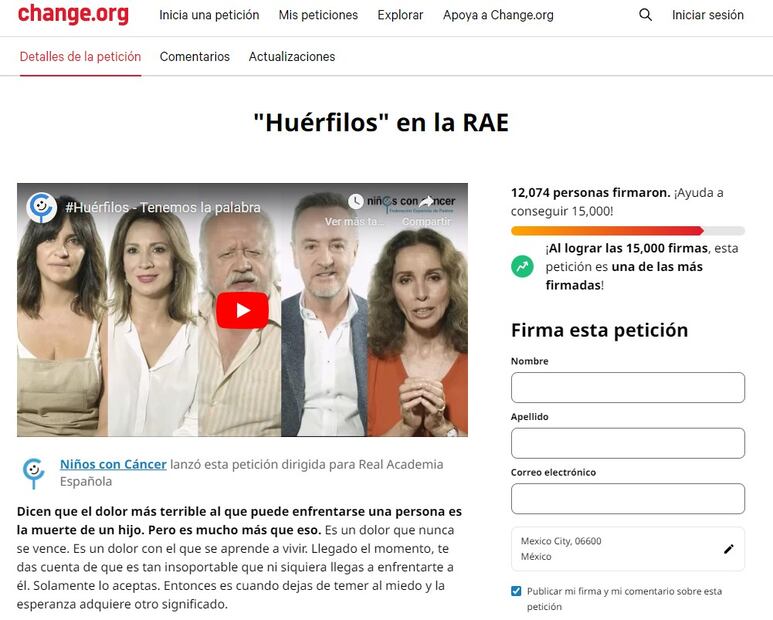 El término "huérfilo" fue propuesto a la rae en 2017. Foto:  Change.org.
