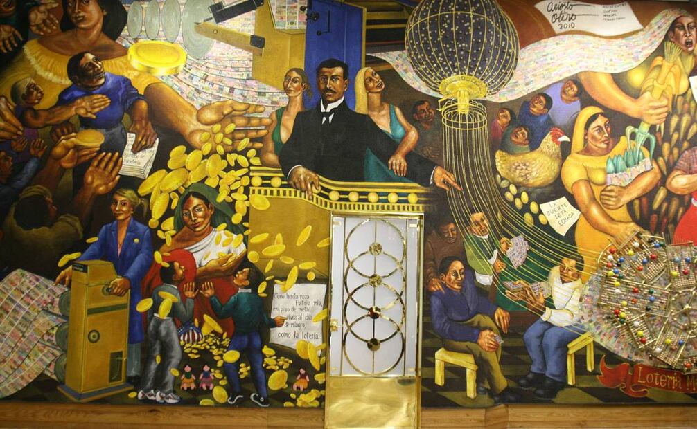 El secretario de Salud, José Ángel Córdova, el director de la Lotería Nacional, Benjamín González Roaro y el Coordinador Ejecutivo Nacional de las Conmemoraciones de 2010, José Manuel Villalpando inauguran el mural El juego de la fortuna, obra de Ariosto Otero, en el vestíbulo del edificio de sorteos de la Lotería Nacional como parte de los festejos por los 240 años de dicha institución. Foto: Agencia EL UNIVERSAL/Agustín Salinas.
