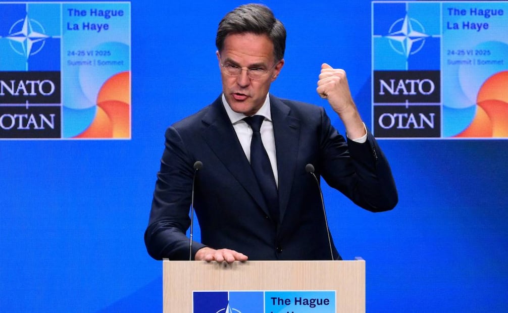 El secretario general de la OTAN, Mark Rutte, ayer durante una conferencia de prensa previa a la cumbre en La Haya. Foto: John THYS / AFP