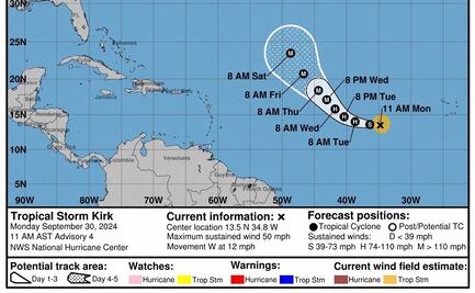 Tormenta tropical Kirk avanza por el Atlántico; podría convertirse en huracán en las próximas horas