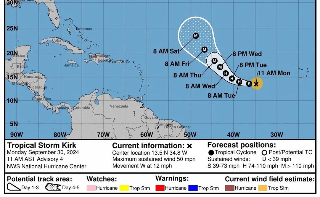 El NHC informó de la formación de la tormenta tropical Kirk y pronosticó que se convertirá esta semana en un "gran y poderoso" huracán a finales de esta semana. Foto: EFE