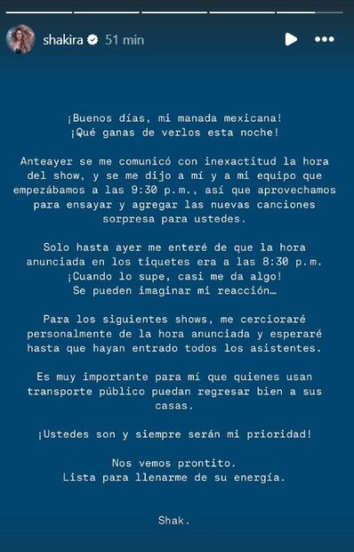 Shakira explica por qué comenzó tarde el primer concierto que ofreció en el Estadio GNP en la Ciudad de México.