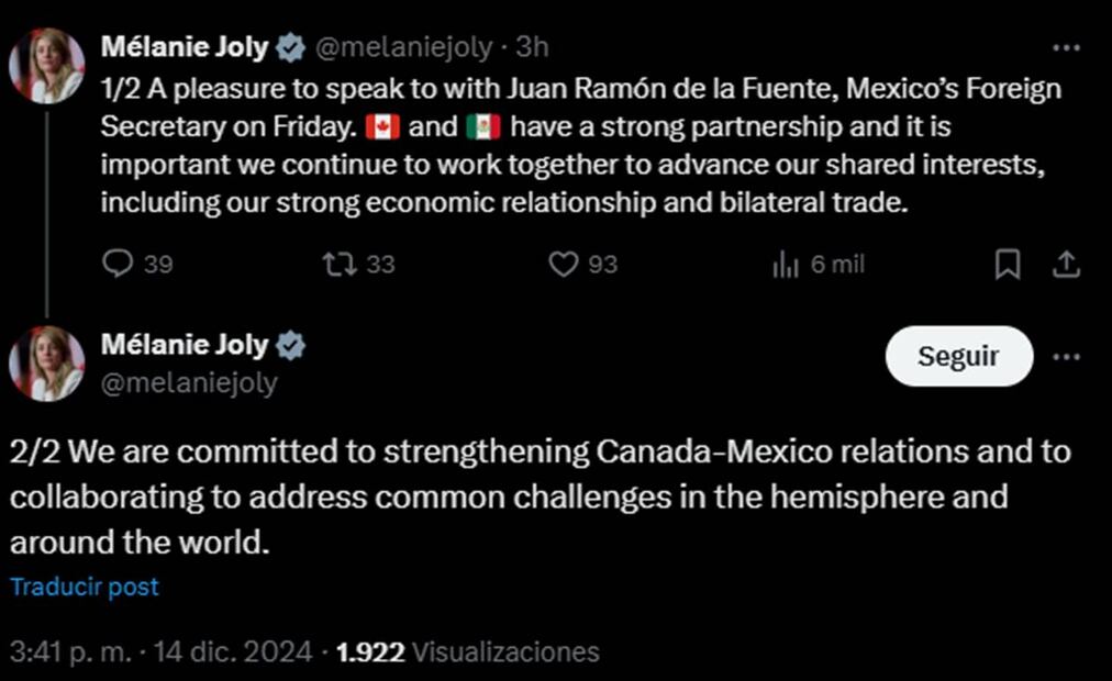La ministra de Canadá, Mélanie Joly, escribió en su cuenta de X sobre la llamada que tuvo el pasado 13 de diciembre del 2024 con el canciller Juan Ramón de la Fuente. Foto: Captura de pantalla de la cuenta de X de @melaniejoly