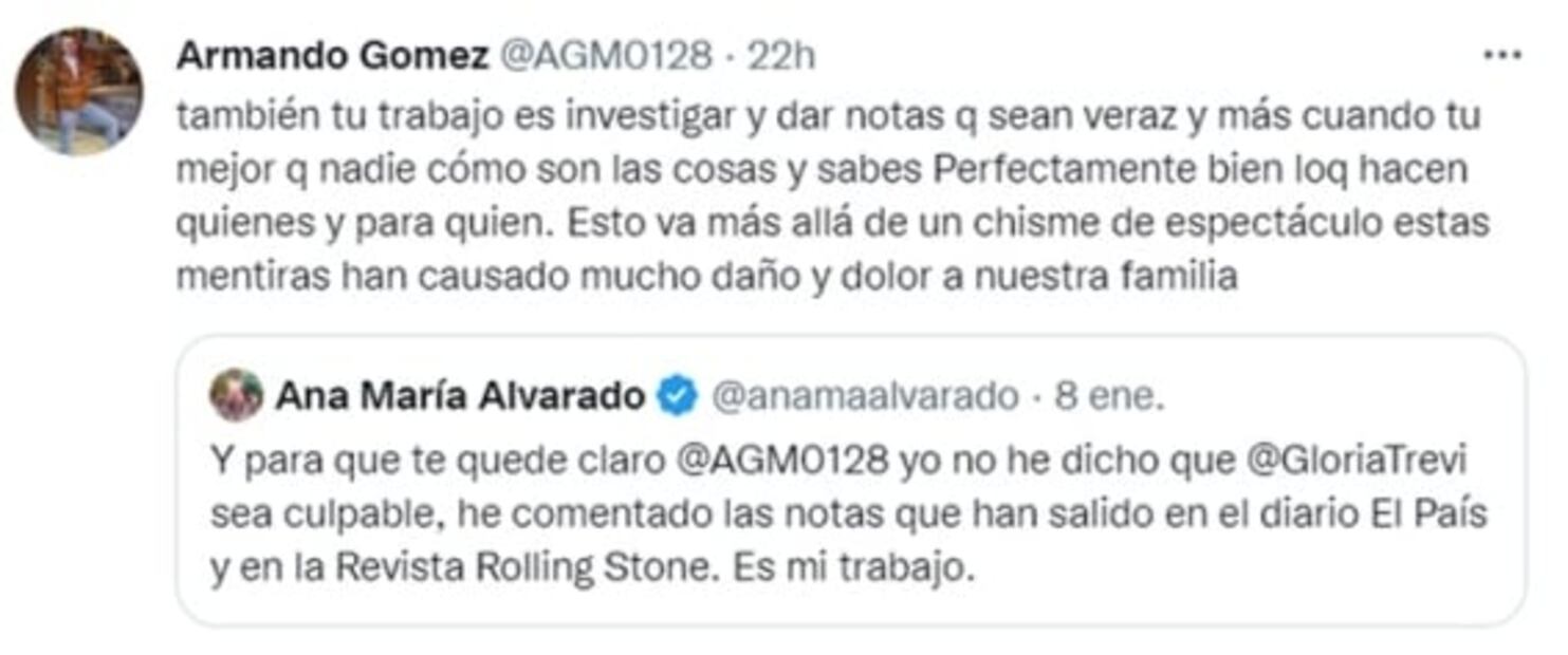 Armando Gómez, esposo de Gloria Trevi, protagoniza tremendo pleito con Ana María Alvarado en Twitter