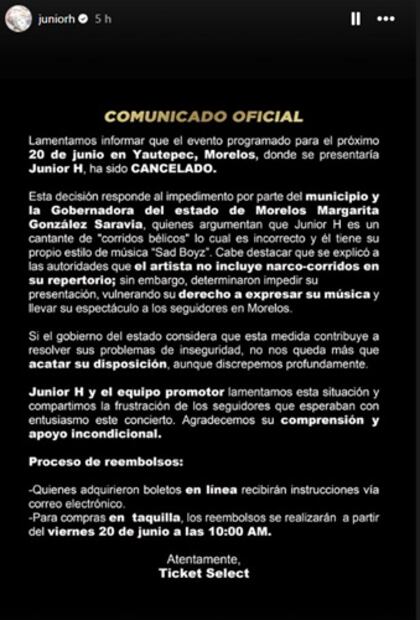 Con este comunicado, el cantante anunció la cancelación de su concierto en Yautepec. Foto: Captura de pantalla.