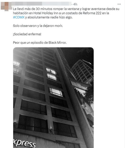Una mujer se arrojó desde un de los pisos del hotel Holiday Inn del complejo de Reforma 222. Varias personas grabaron el hecho, lo que ha desatado críticas por la crudeza de las imágenes