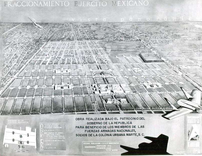 Ilustración panorámica de la Colonia Urbana Marte, obra que el gobierno de la república ejecutó para “beneficio de las fuerzas armadas”. Se estimó que tendría más de 11 mil habitantes, con áreas de recreación y educación básica. Foto: Colección Carlos Villasana.