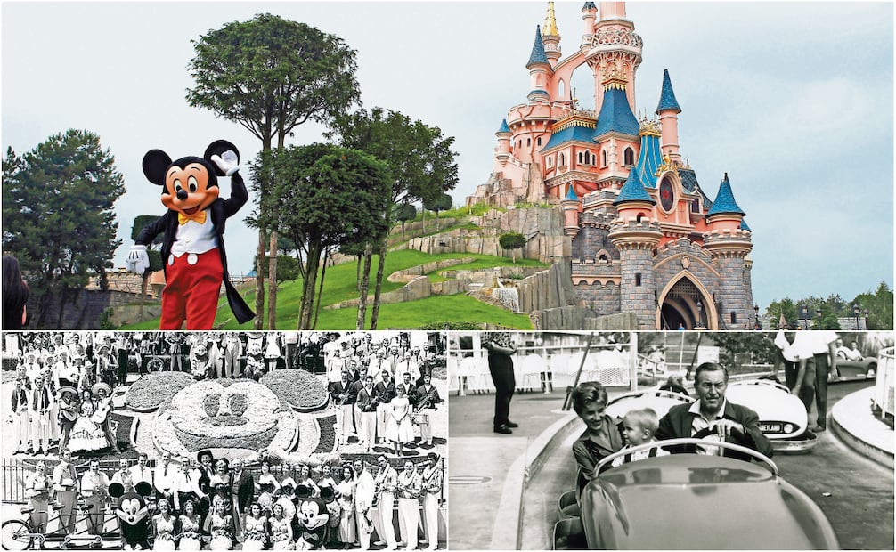 1955.- Inauguran Disneyland
El primer parque temático abrió al público en Anaheim, transformando el concepto. Sirvió como modelo para futuros parques en Florida, París y más.