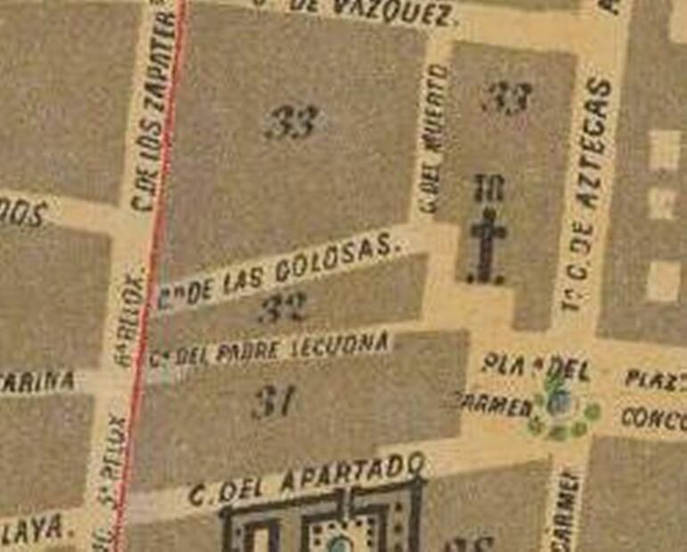 Plano de 1886, que muestra la ubicación del Callejón del Padre Lecuona. Ciudad de México. ESPECIAL.