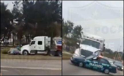 VIDEO: Tráiler arrastra patrulla con dos policías abordo en puerto de Veracruz; detienen a conductor