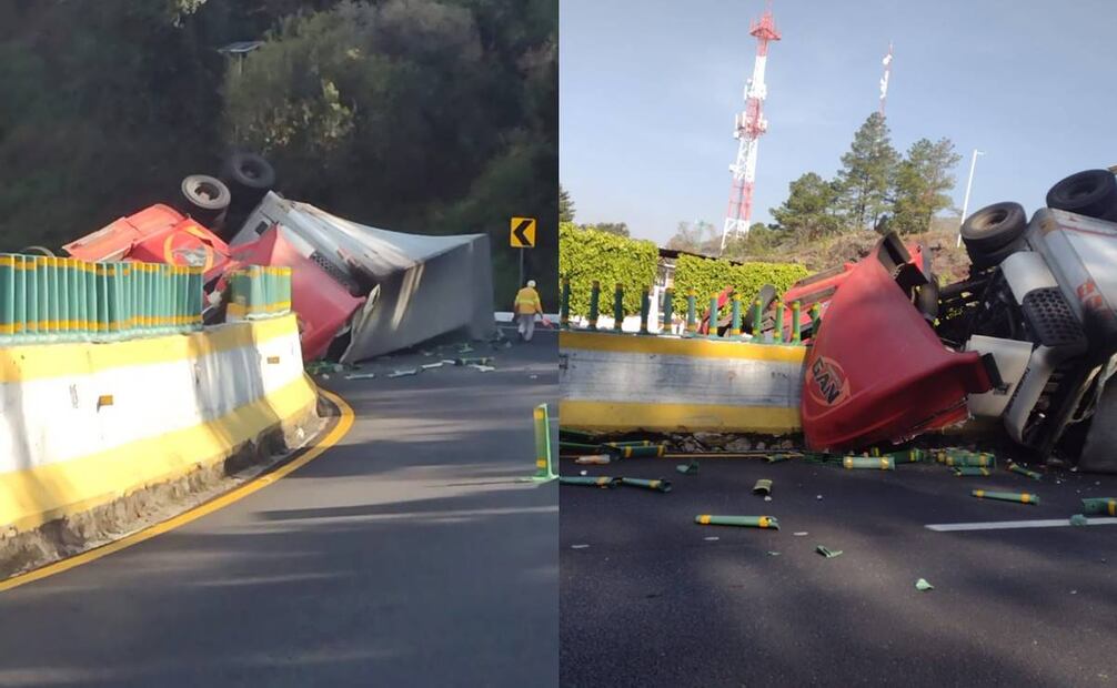 Vuelca tráiler en curva La Pera de autopista México-Cuernavaca. Foto: Especial