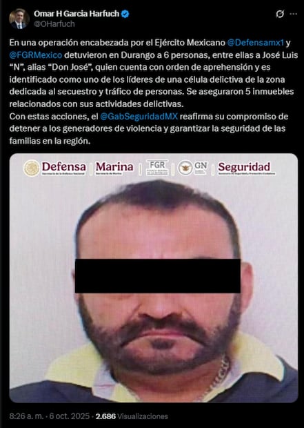 Detienen a líder de célula delictiva en Durango. Foto: Tomada de la cuenta de X de @OHarfuch