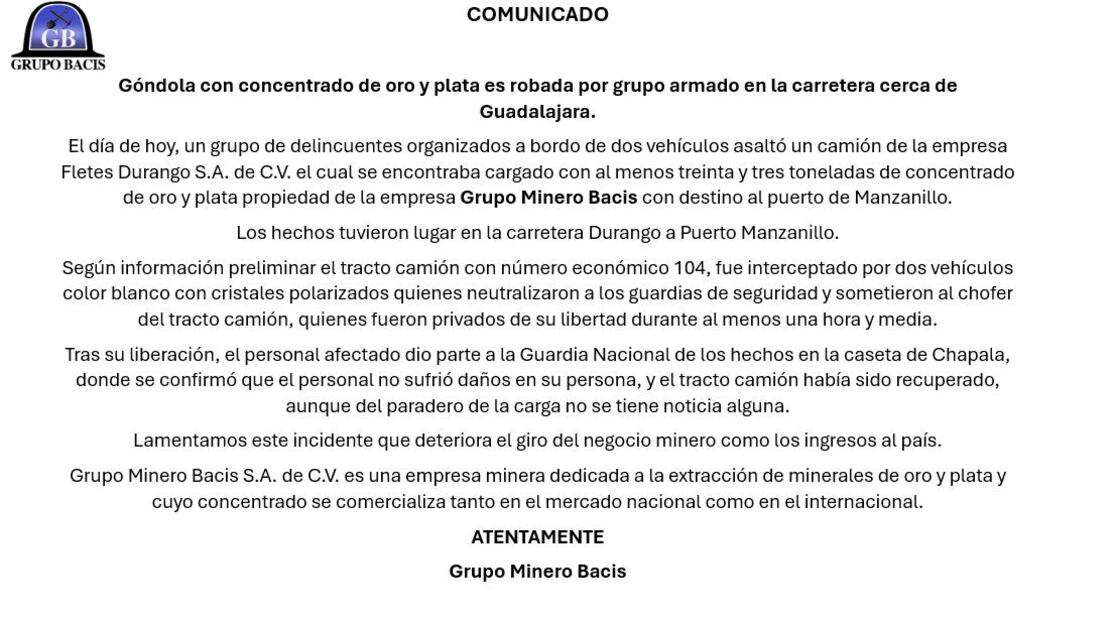 Comunicado por parte de Grupo Minero Bacis a través de su cuenta oficial de Facebook. Foto: Facebook - Grupo Bacis