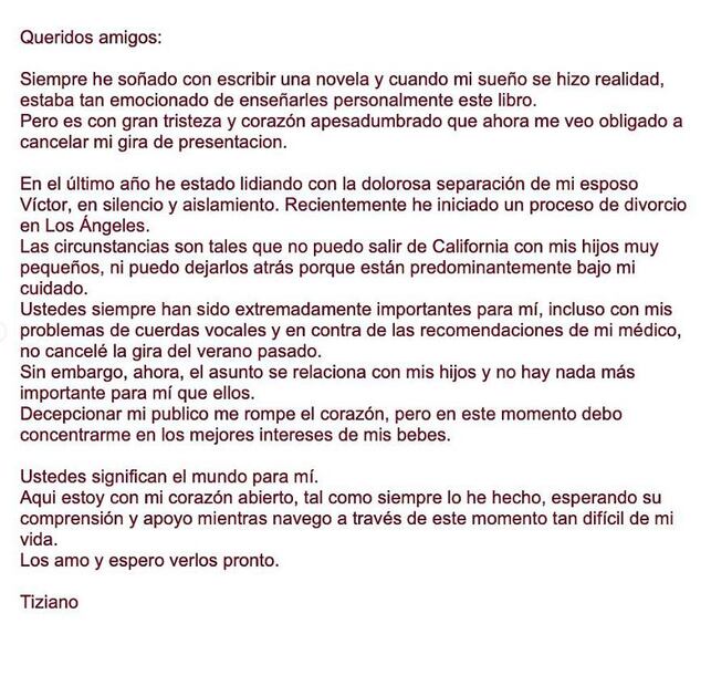 Comunicado de Tiziano Ferro.
