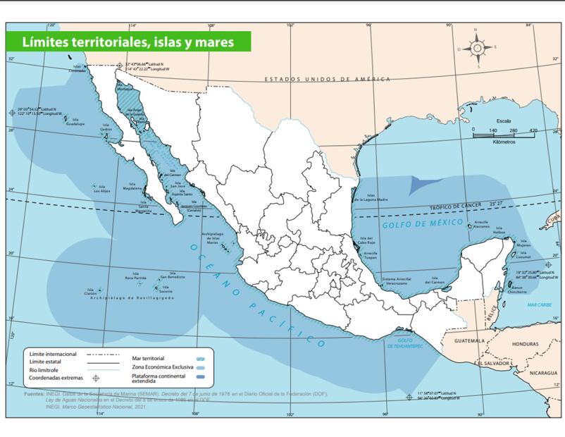 Mapa de límites territoriales, islas y mares publicado por el Inegi / Foto: Inegi