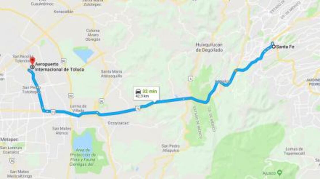 ¿Cuánto tiempo harás de la base de Santa Lucía al aeropuerto de la CDMX y al de Toluca?