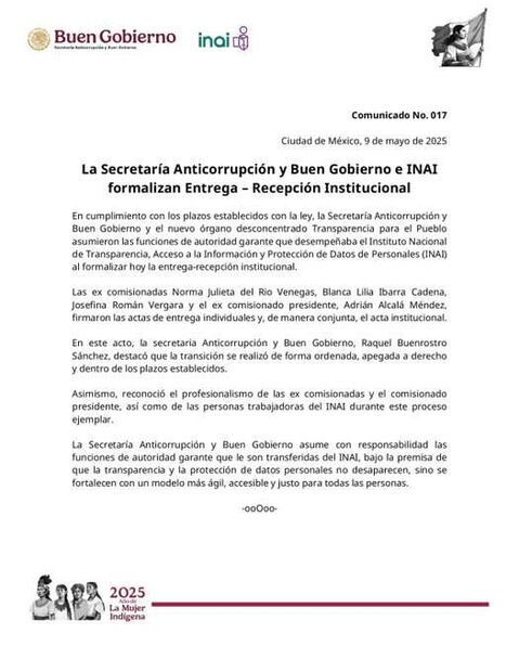 Comunicado de Recepción Institucional. Foto: Captura de pantalla