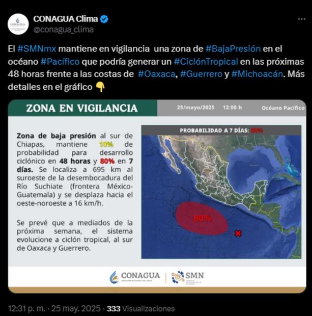 SNM mantiene vigilancia en Océano Pacifico por posible ciclón tropical "Alvin". Foto: Captura de pantalla de la cuenta de X de @conagua_clima.