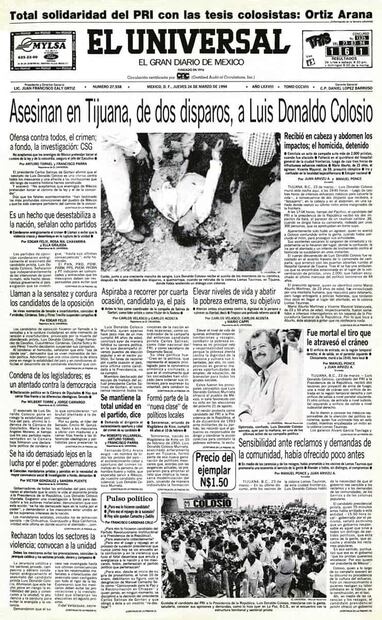 Primera plana del 29 de marzo de 1994, con la noticia del asesinato de Colosio Murrieta en Tijuana, Baja California. Desde ese momento, se tenía como principal responsable a Mario Aburto. Foto: Hemeroteca EL UNIVERSAL.