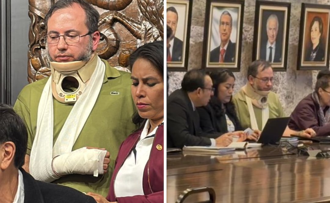 En medio de la trifulca, Emiliano González, camarógrafo y colaborador de Gerardo Fernández Noroña, fue agredido por el dirigente priista Alejandro Moreno.
Foto: Captura de pantalla en X