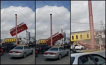 Vientos de hasta 80 km/h provocan caída de espectacular sobre un automóvil en Matamoros