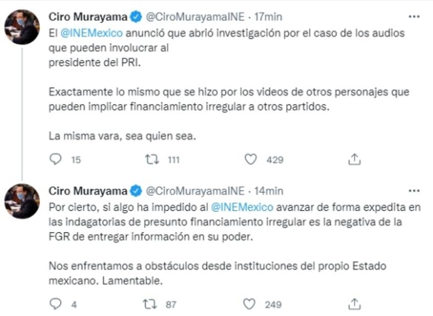 INE abre investigación contra Alejandro Moreno tras filtración de audios que hizo Layda Sansores