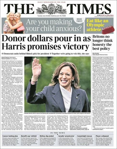 La portada del británico The Times, este 23 de julio de 2024.