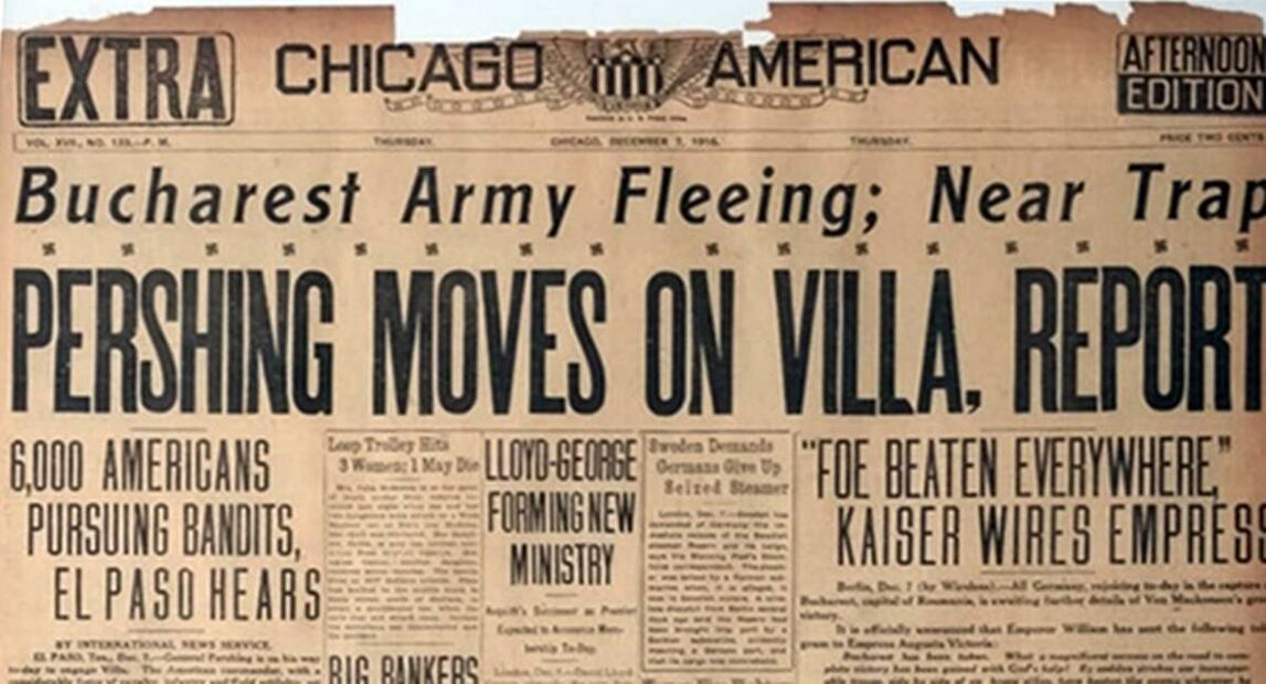 Un ejemplar del Extra que se publicó en Chicago, donde se lee que el general John Pershing iría tras de Pancho Villa. Se lee que 6 mil americanos perseguirían a los bandidos. Cortesía de Mario A. Trillo.