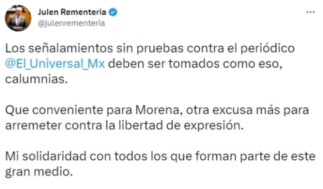 Calumnias, señalamientos sin pruebas contra EL UNIVERSAL en juicio de García Luna: senador Rementería