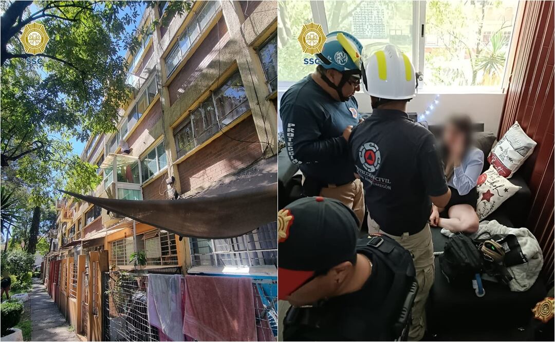Policías de la SSC-CDMX rescataron a una joven que intentaba saltar desde un tercer piso en Álvaro Obregón. Foto: Especial