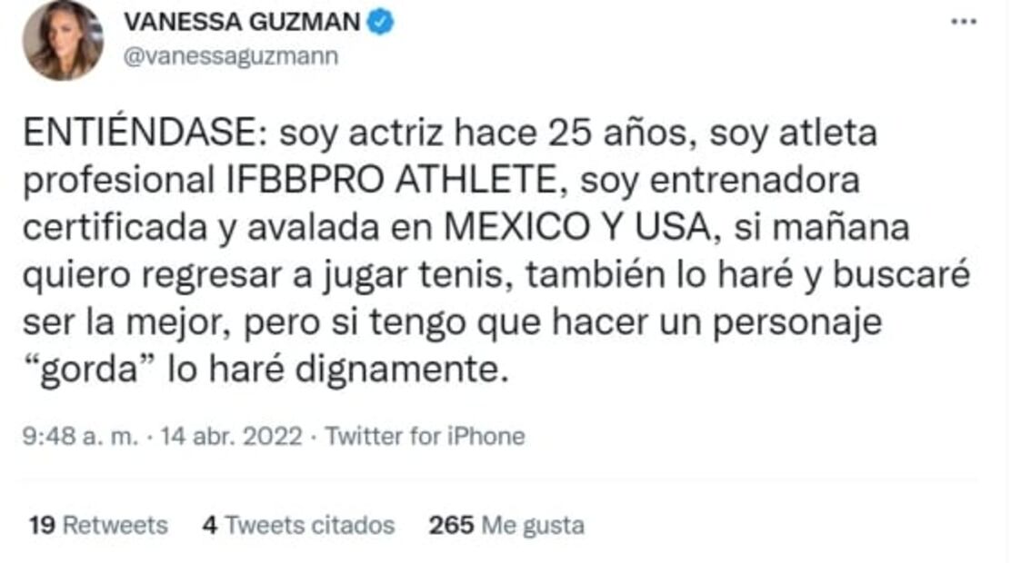 A pesar de sus músculos, Vanessa Guzmán estaría dispuesta a interpretar a "una gorda"