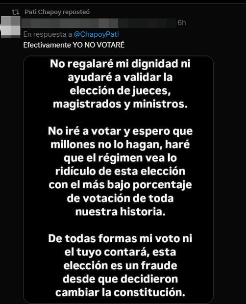 Paty Chapoy se pronuncia sobre la elección judicial. Foto: Vía X.
