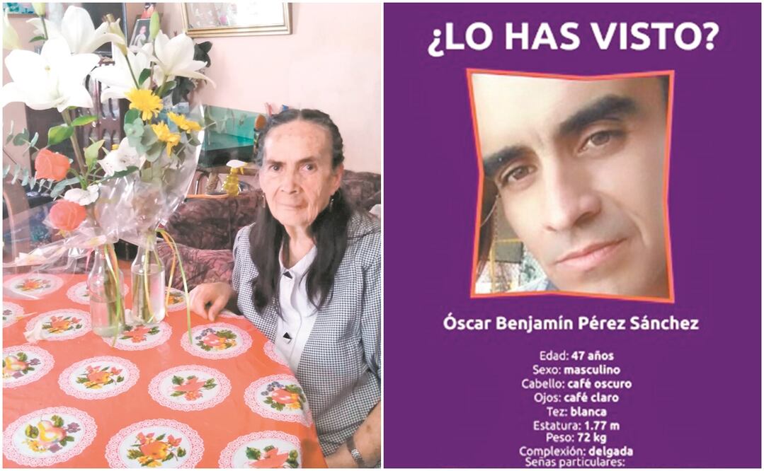 En la imagen, Carmen aparece con el ramo de flores que su hijo le regaló el 10 de mayo de 2018, y la ficha de búsqueda de Óscar Benjamín. FOTOS: ESPECIALES