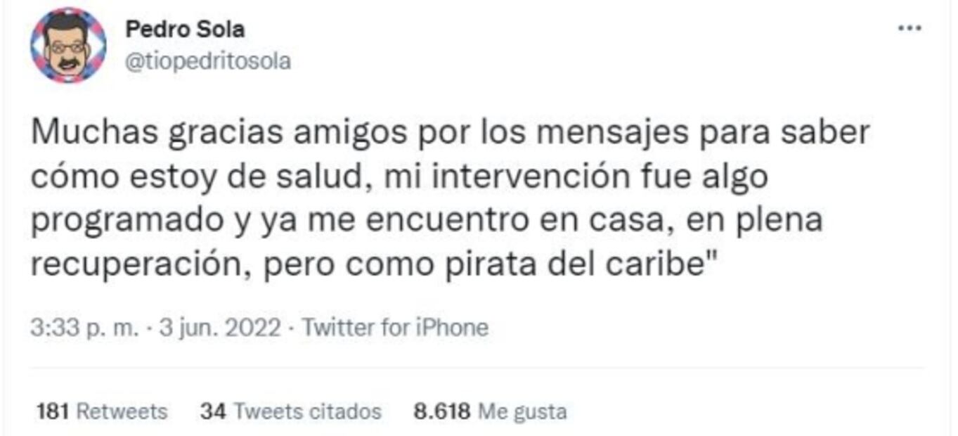 Pedro Sola reaparece y habla sobre su estado de salud 